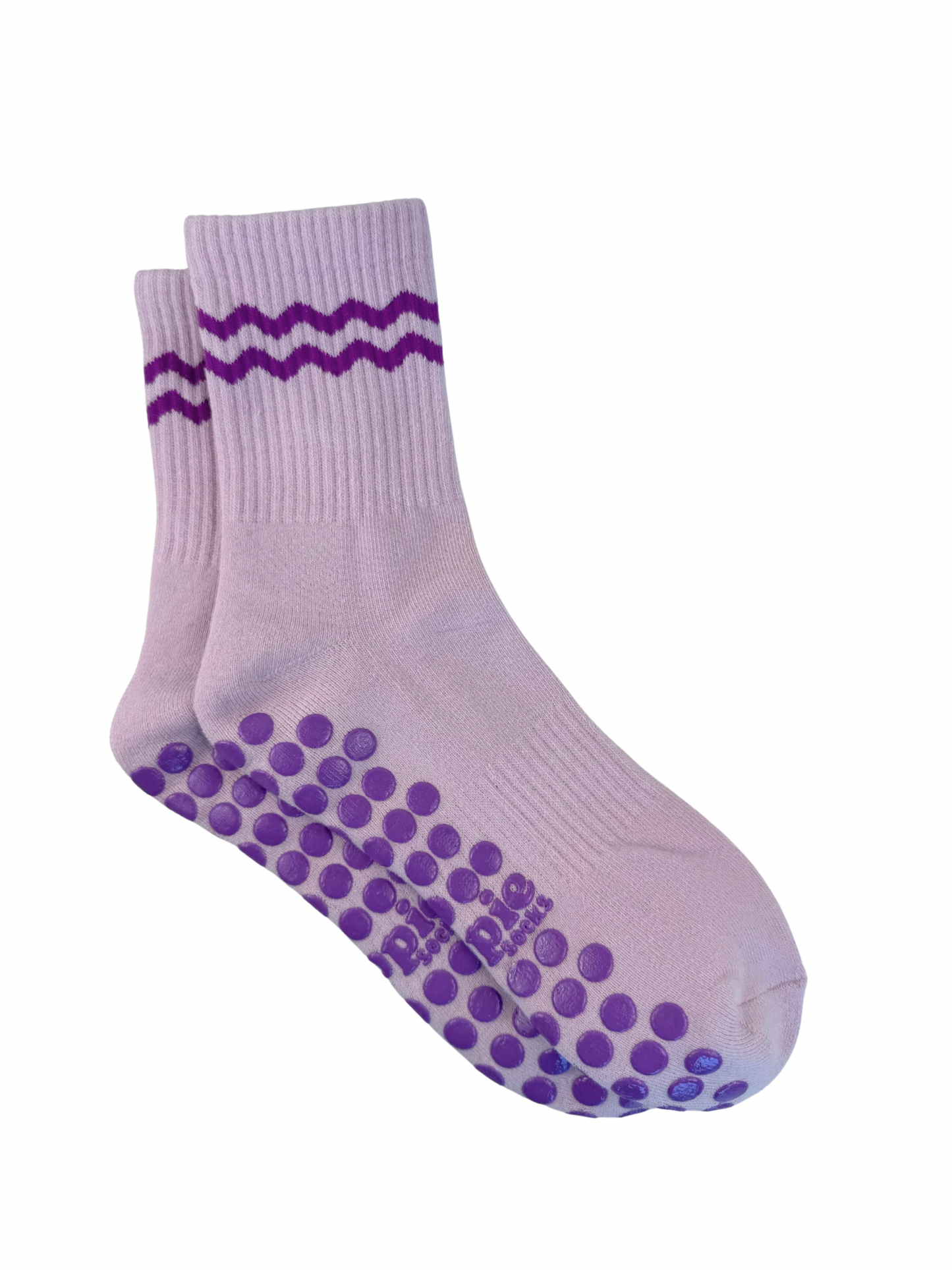 Purple socks with wavy pattern and grip dots on a white background
