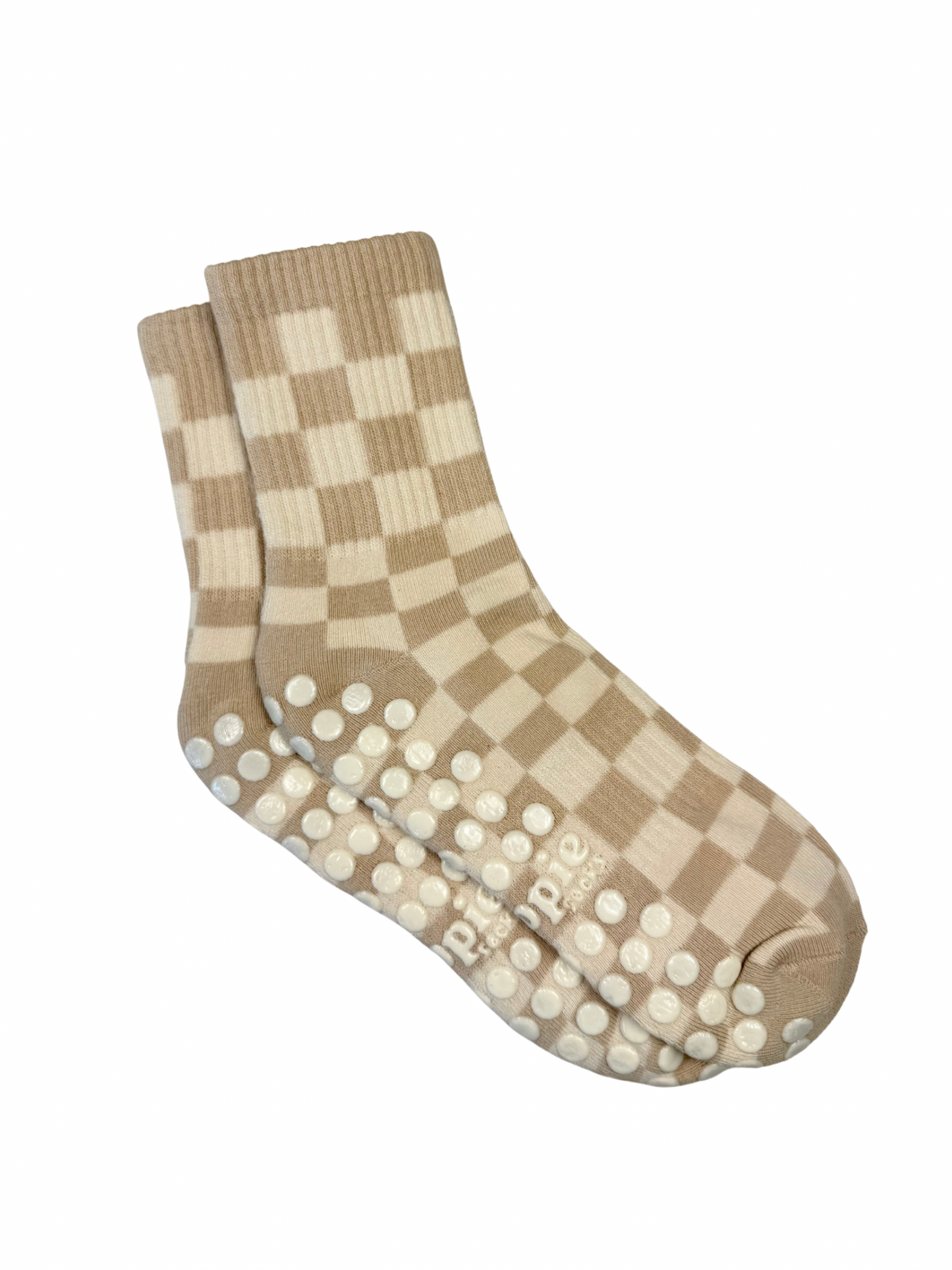 cream checkered grip socks