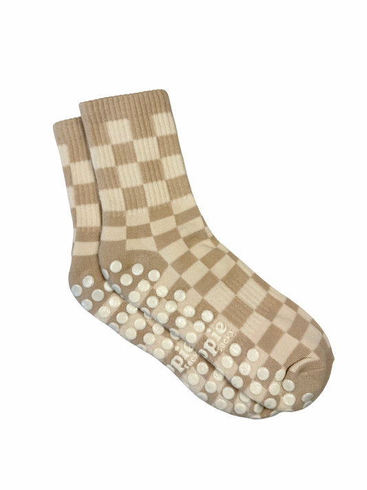 cream checkered grip socks
