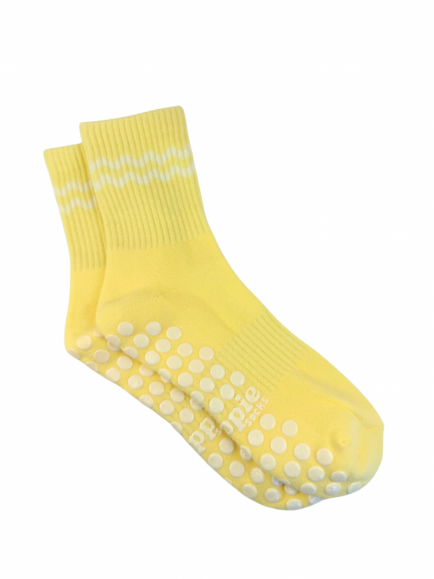 Yellow socks with light yellow stripes on a white background