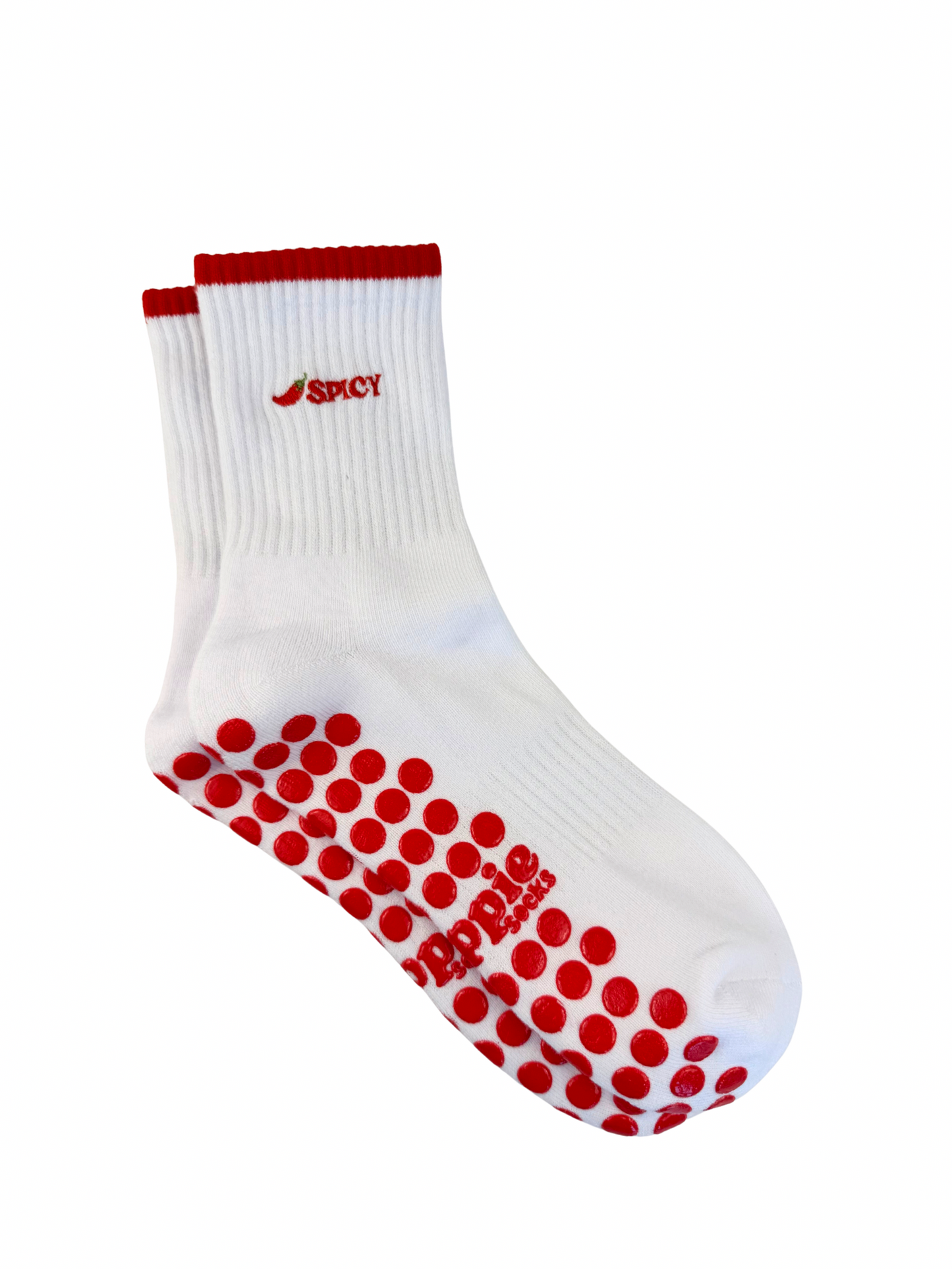 white sock with spicy embroidered and red grip dots