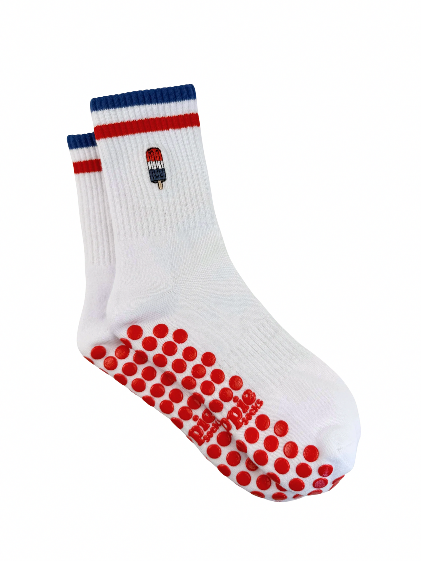 White sock with red and blue stripes and a popsicle on a white background