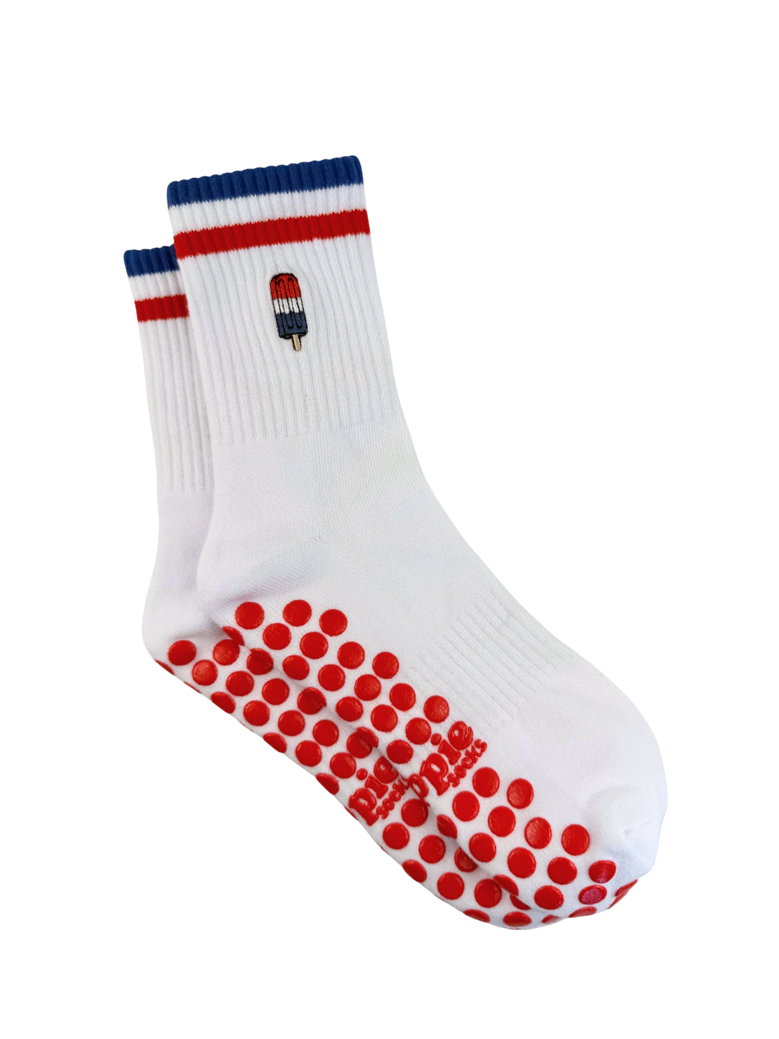 White sock with red and blue stripes and a popsicle on a white background